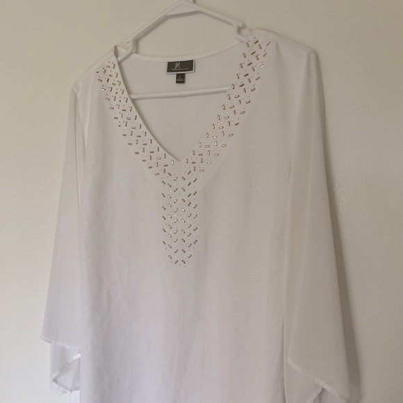 jm Collection- White Linen Blend Blouse top Sheer Sleeves L - Picture 3 of 6